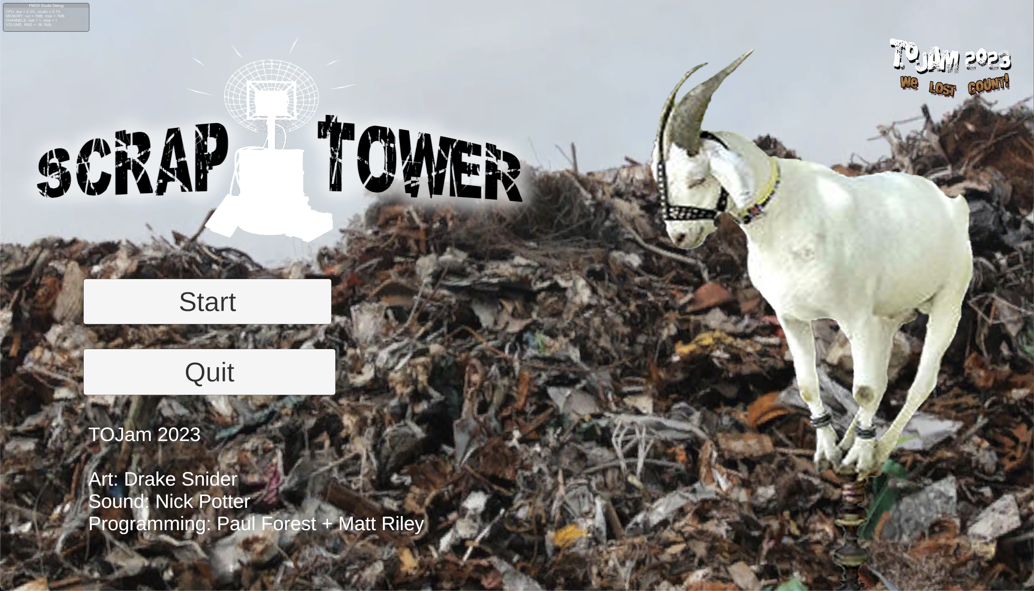 Scrap Tower Menu (Part of the tradition of TOJam is that they provide you an image of a goat that you must place in the game)